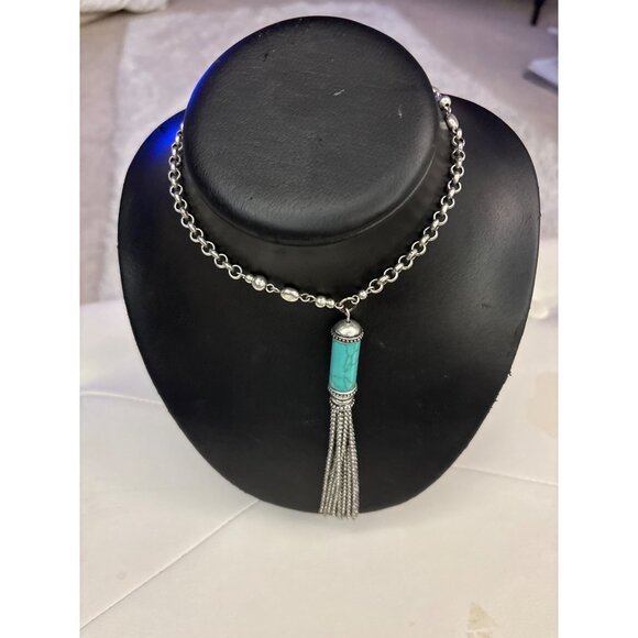 Chicos Turquoise & Silver Tassel Necklace With Chain & Bead Accents Long - Picture 2 of 13